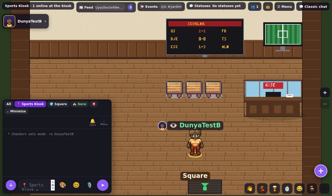 Inside the Sports Kiosk: score board, prediction counter and benches