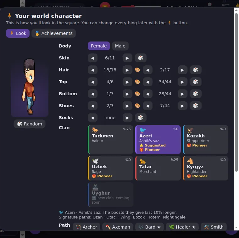 The character window: a live preview on the left, look options and tribes on the right