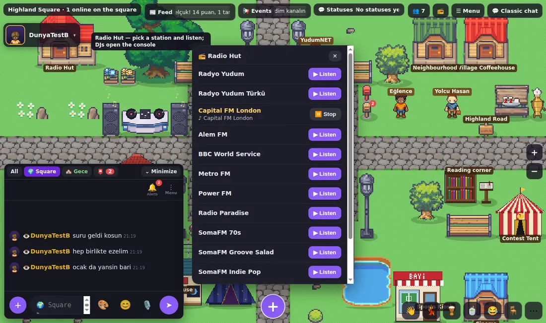 Radio Hut: stations, now playing and listen buttons