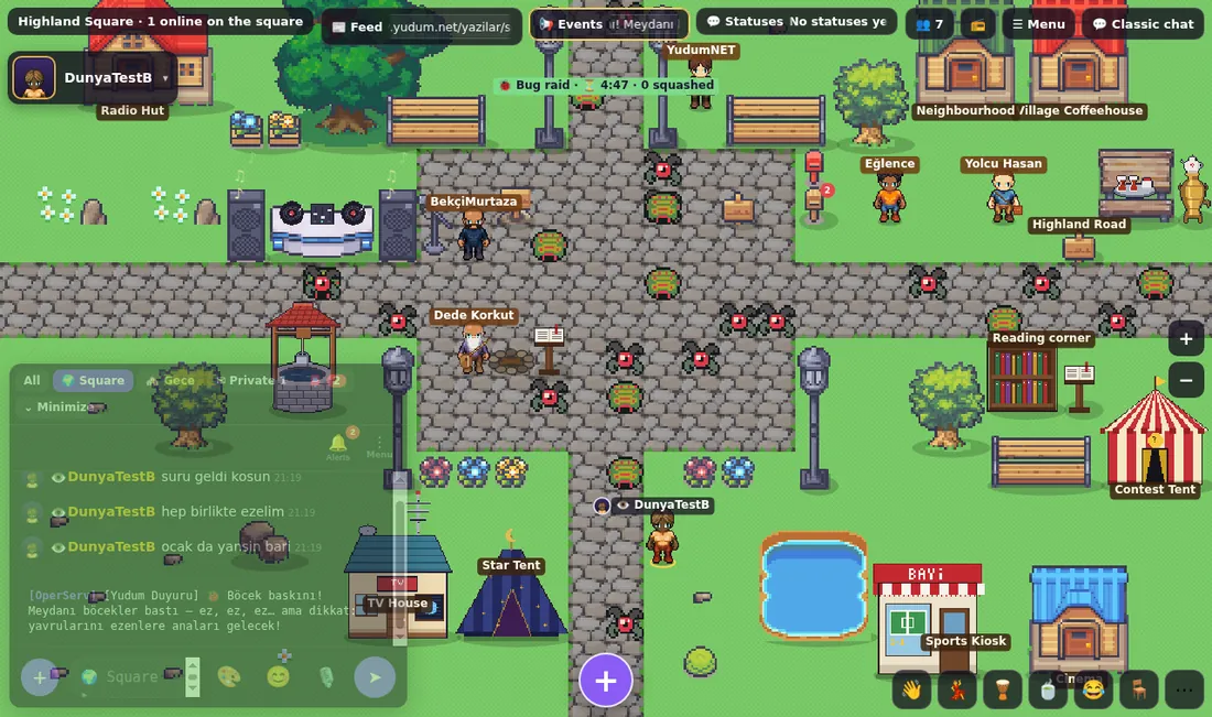A bug raid: the swarm has flooded the square; the strip shows time and the count