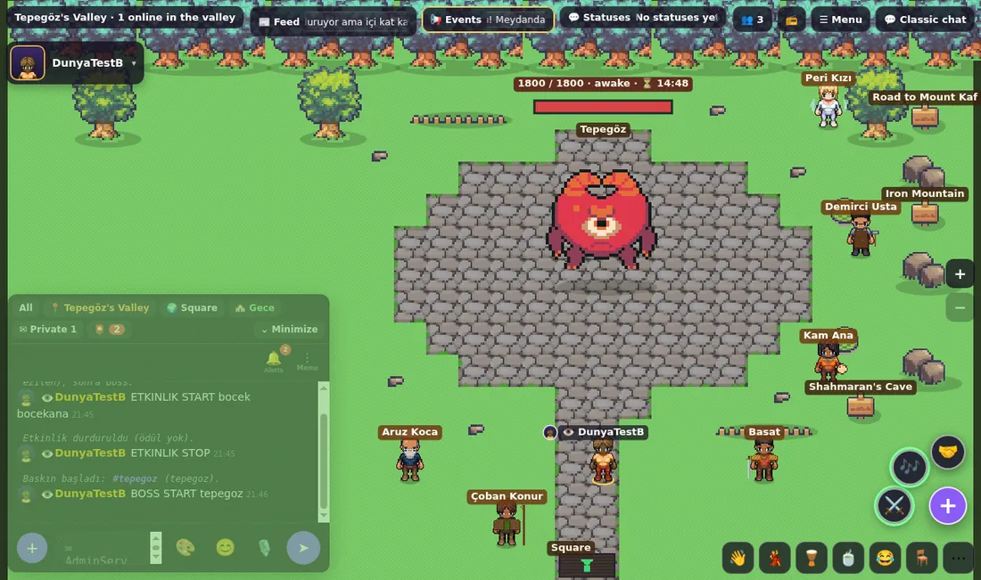 The Cyclops awake: health bar and time left over its head, the skill ring at the bottom right