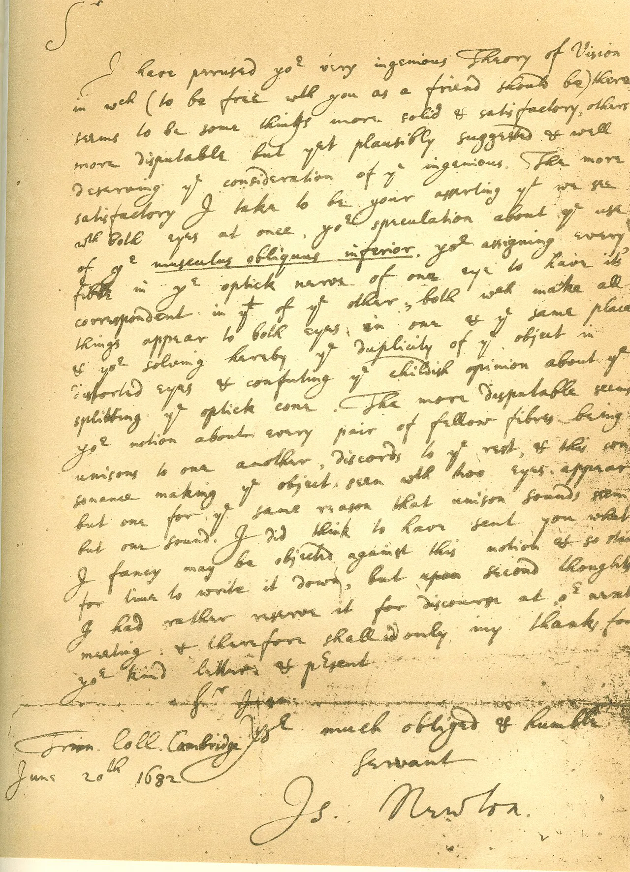 Newton'ın 1682'de hekim William Briggs'e görme kuramı üzerine yazdığı mektubun el yazısıyla dolu sayfası
