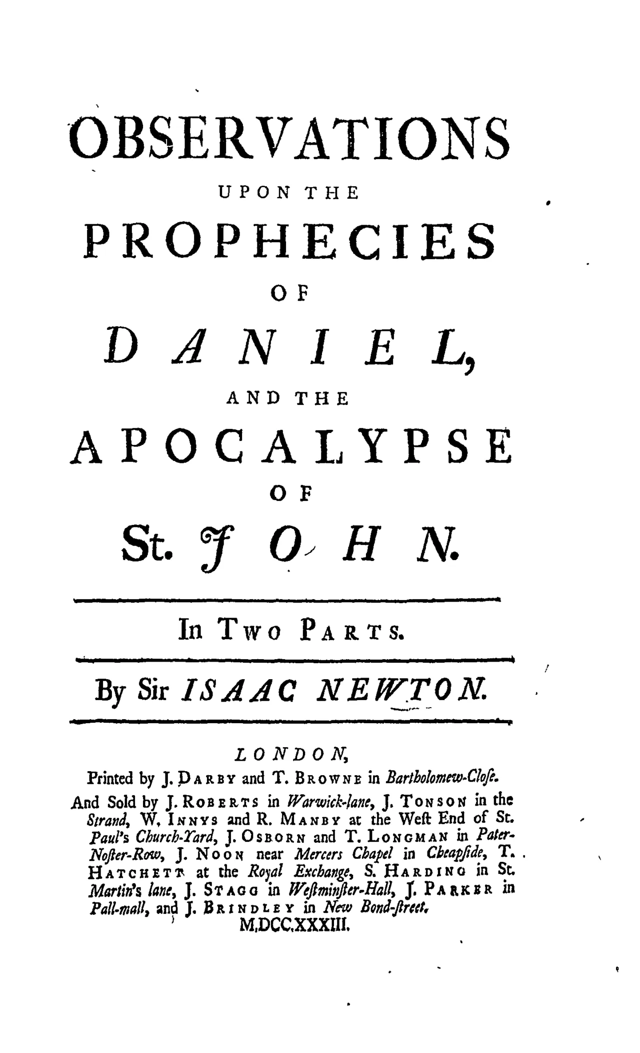 Newton'un Daniel ve Vahiy yorumlarının 1733 baskısı