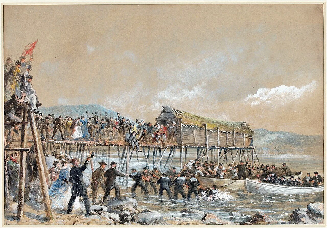 1866 Atlantik kablosunun Newfoundland'daki Heart's Content koyuna çıkarılışı; Robert Charles Dudley'nin yerinde yaptığı çalışmalardan.