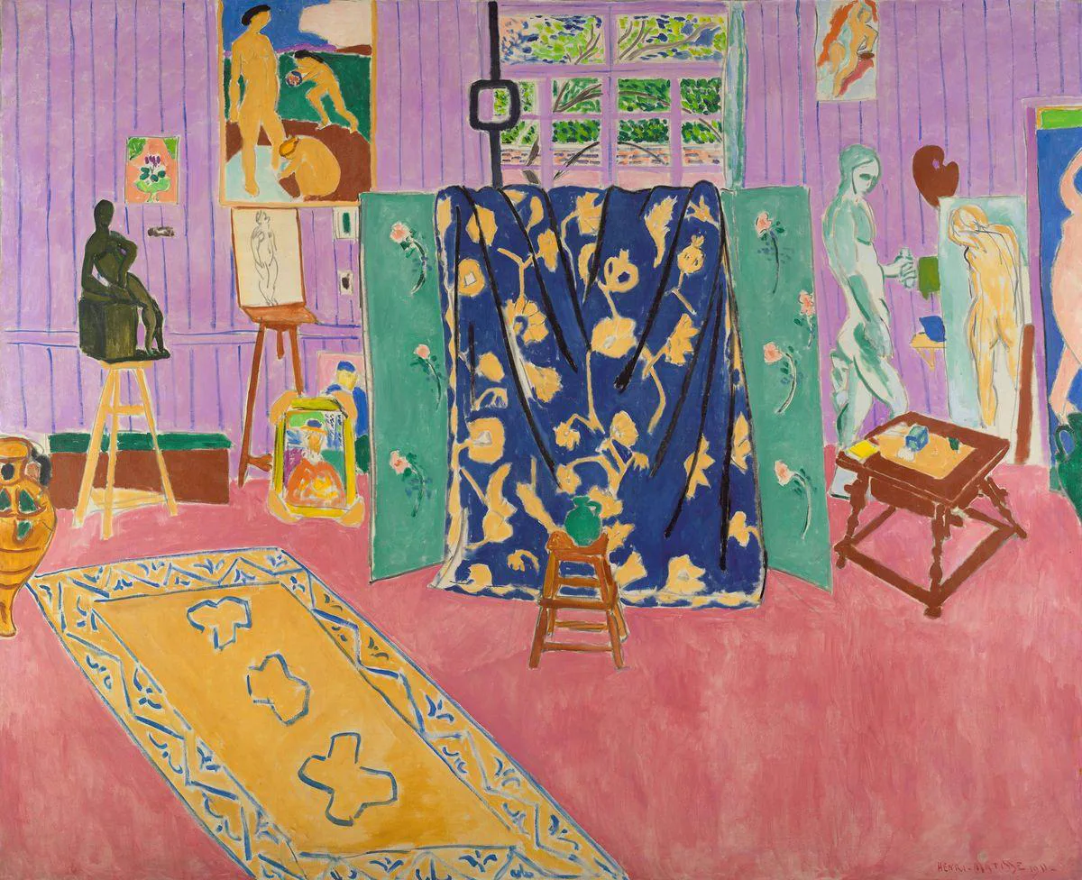 Pembe Atölye (1911): Matisse'in aynı atölyeyi daha gerçekçi renklerle gösterdiği, Şçukin'in satın aldığı ilk tablo