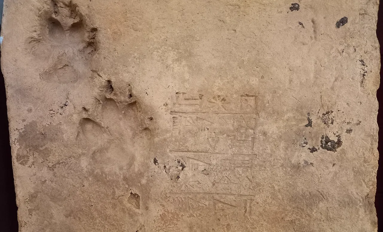 Ur zigguratından, Kral Ur-Namma'nın çivi yazılı damgasını ve kenarına yanlışlıkla basılmış iki köpek patisi izini taşıyan pişmiş tuğla; British Museum
