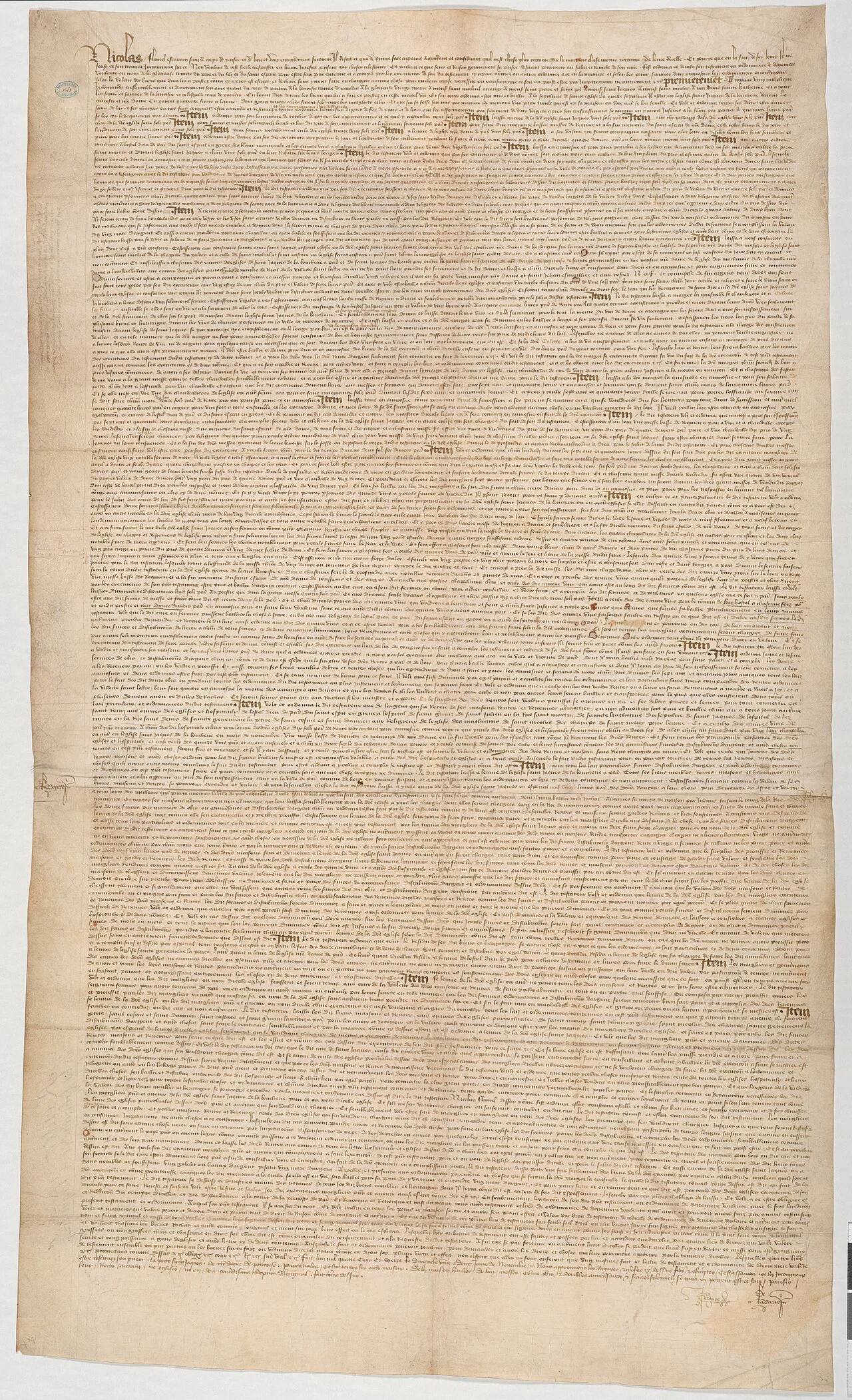 Nicolas Flamel'in 22 Kasım 1416 tarihli vasiyeti, Fransa Ulusal Arşivleri'nde saklanıyor