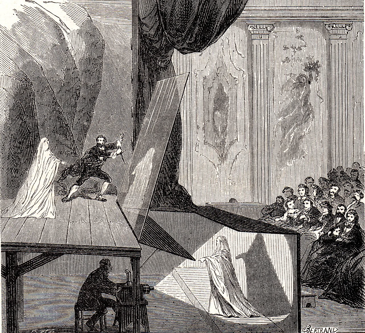Pepper'ın hayaleti numarasının düzeneği: alttaki gizli bölmedeki beyaz örtülü oyuncu, eğik camda sahneye yansıyor (Le Monde Illustré, 1865)