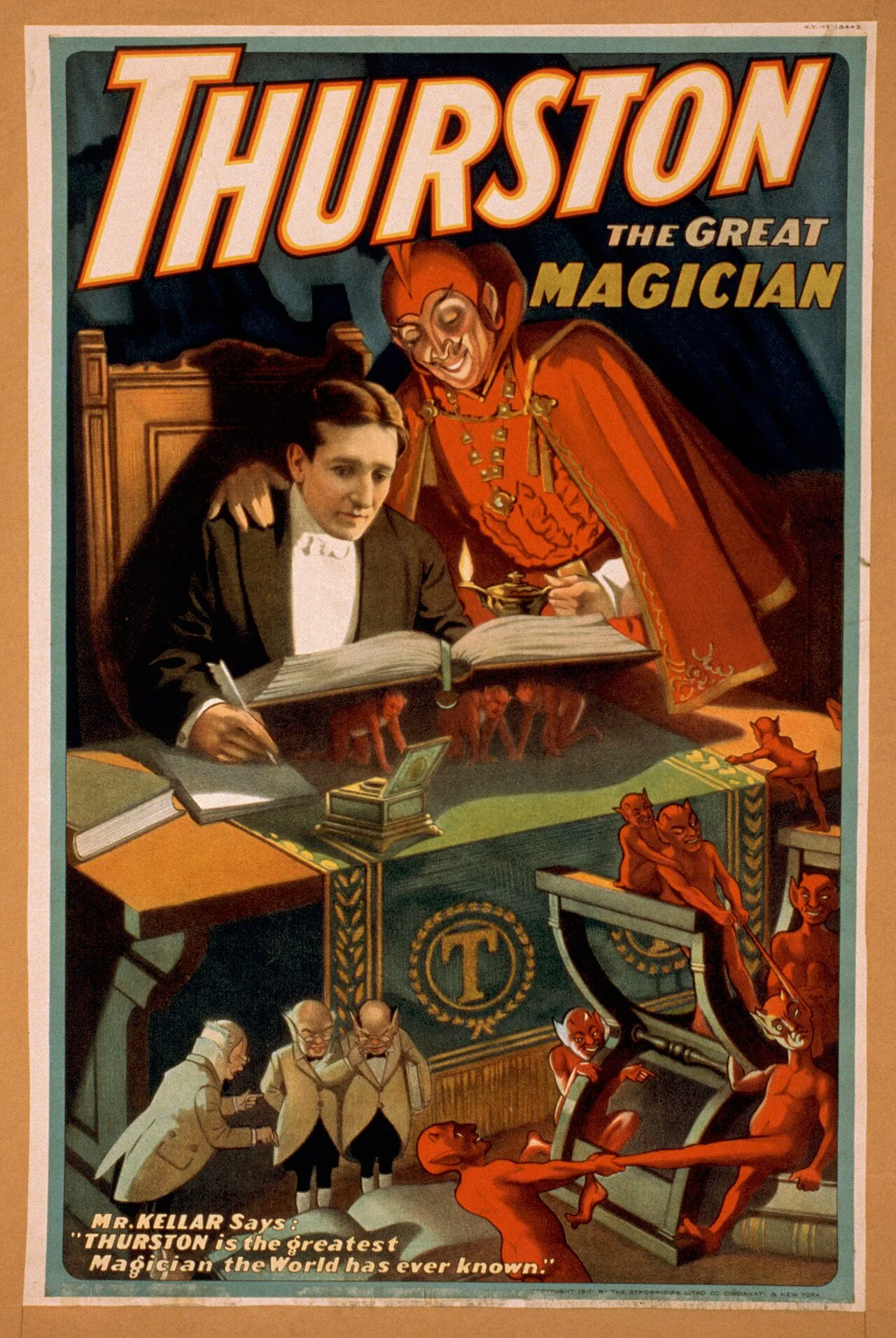 Howard Thurston'ın 1910 tarihli sahne afişi, Strobridge matbaasında basılmış renkli taş baskı