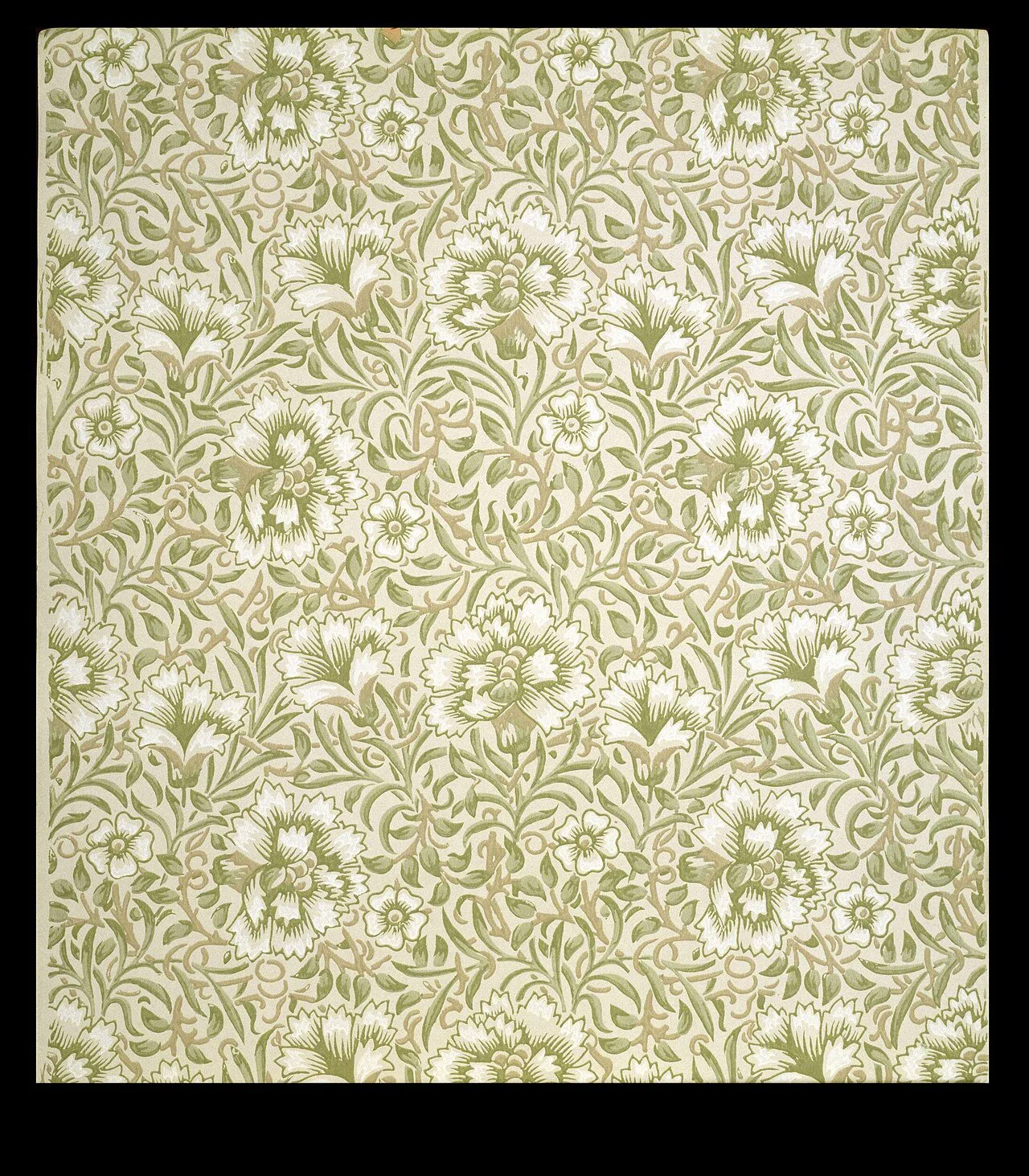 Kate Faulkner'ın 1880 tarihli Carnation (karanfil) duvar kâğıdı; örnek bugün V&A koleksiyonunda