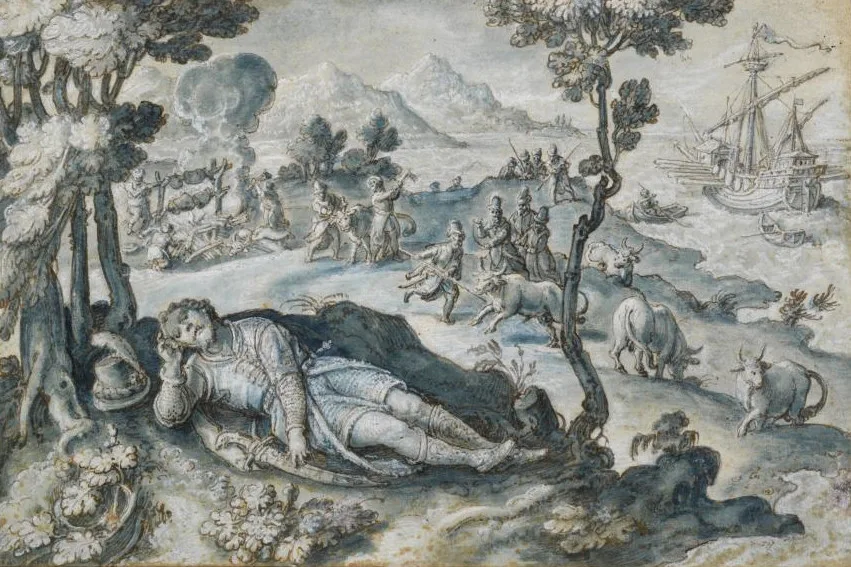 Stradanus'un 1600'ler başına tarihlenen çizimi, Odysseia'nın 12. Kitabı'nda geçen Helios'un sığırları sahnesini gösteriyor