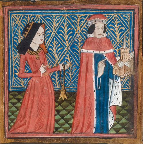Gloucester Dükü Humphrey ile eşi Eleanor, St Albans manastırının 15. yüzyıldan kalma bağışçılar kitabındaki minyatürde