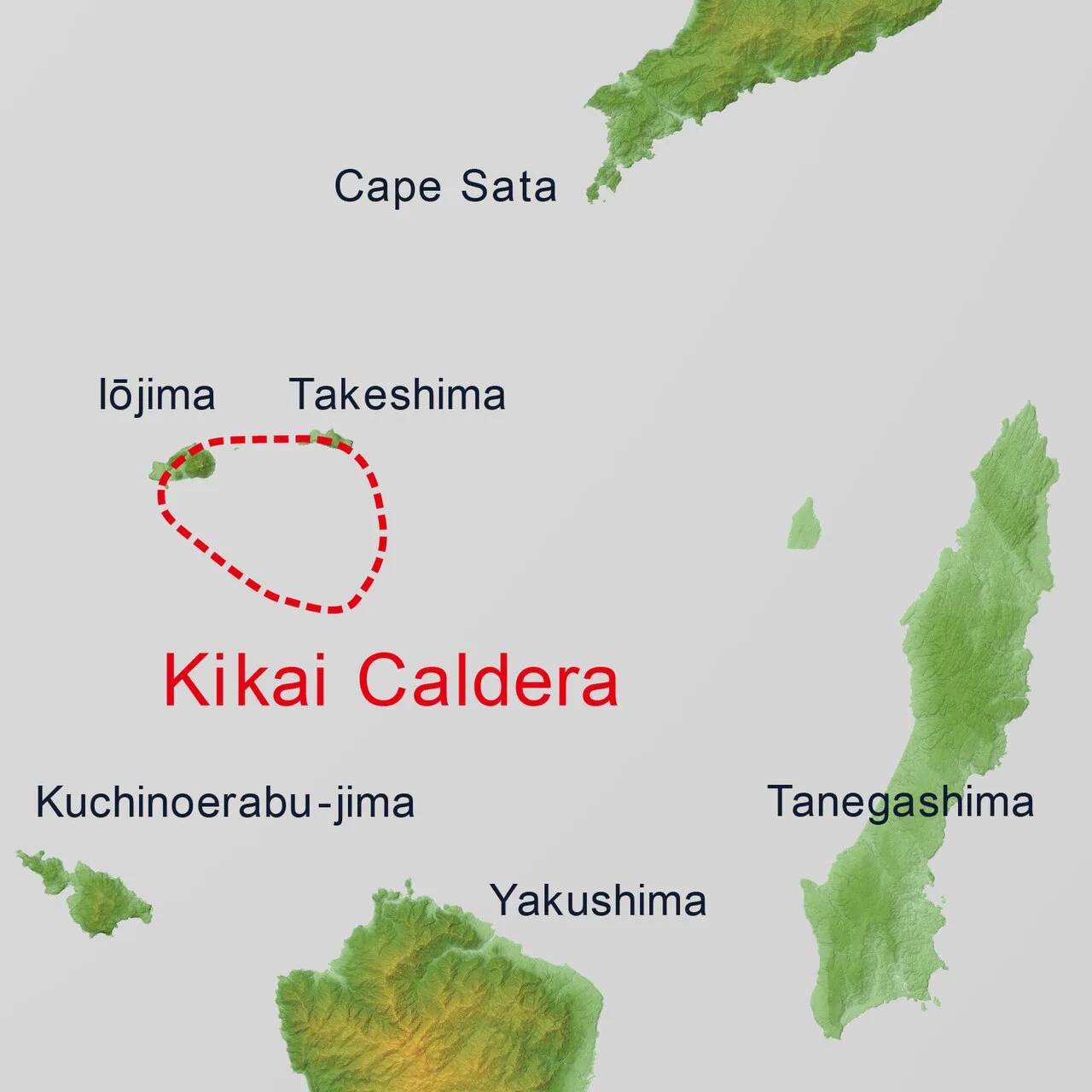 Kikai kalderasının sınırı: İojima ve Takeshima adaları çanağın kenarında, Yakushima ve Tanegashima güneydoğuda