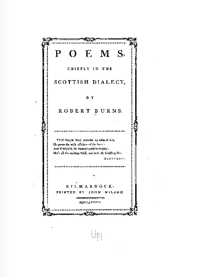 Burns'ün 1786'da Kilmarnock'ta John Wilson'ın bastığı ilk kitabı Poems, Chiefly in the Scottish Dialect'in iç kapağı