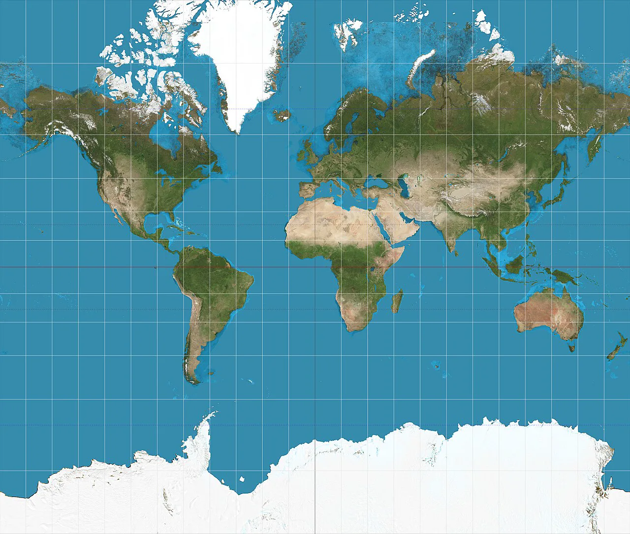 Mercator projeksiyonuyla çizilmiş dünya haritası; kutba yaklaştıkça kara parçaları büyür