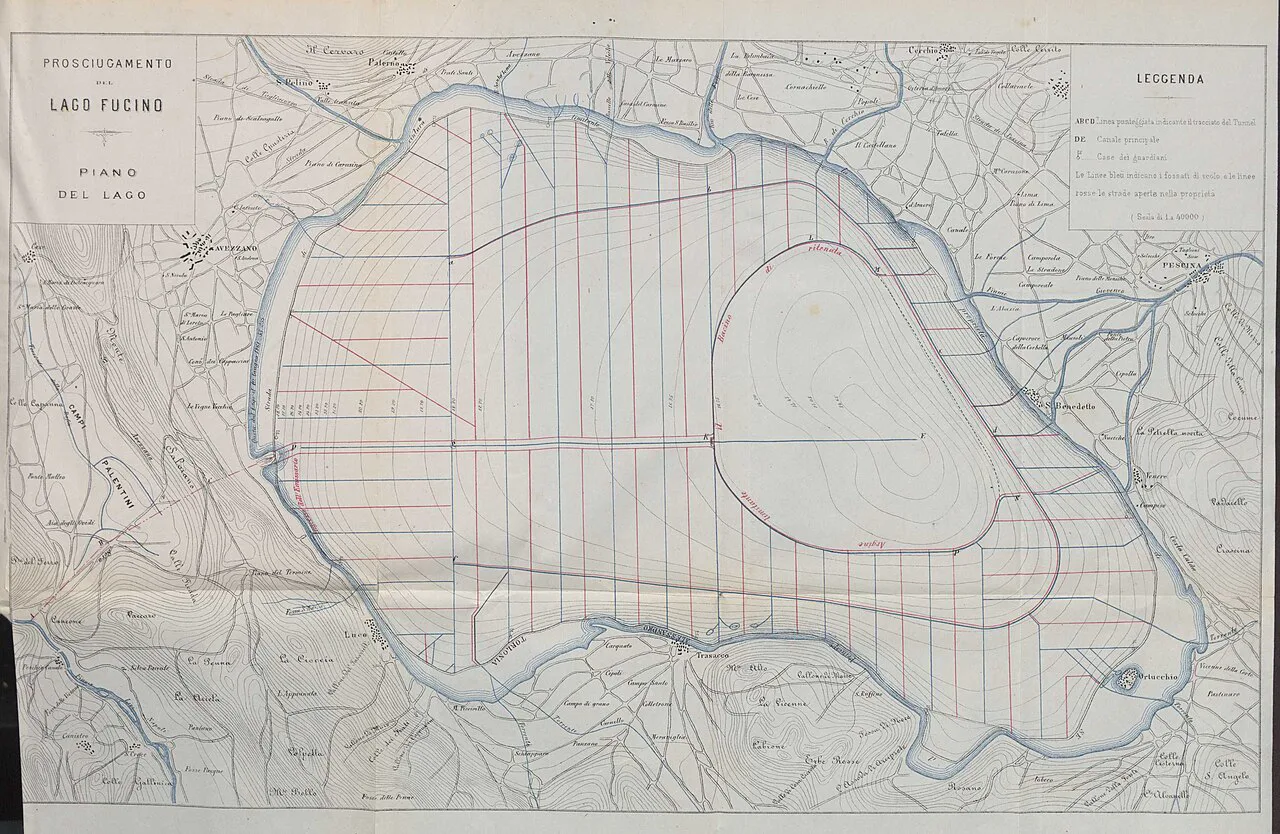 Fucine Gölü'nün 1875 tarihli kurutma planı
