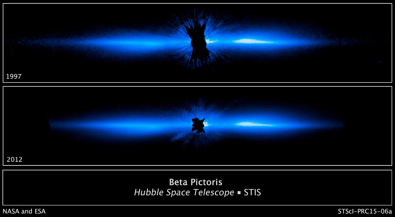 Hubble'ın STIS aygıtıyla 1997 ve 2012'de çekilmiş görüntülerde kenarından görülen Beta Pictoris diski; yıldızın ışığı koronagrafla örtülmüş