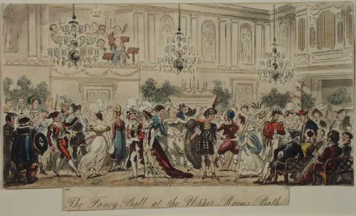 Thomas Rowlandson'ın çiziminde Bath Assembly Rooms'ta kostümlü bir balo