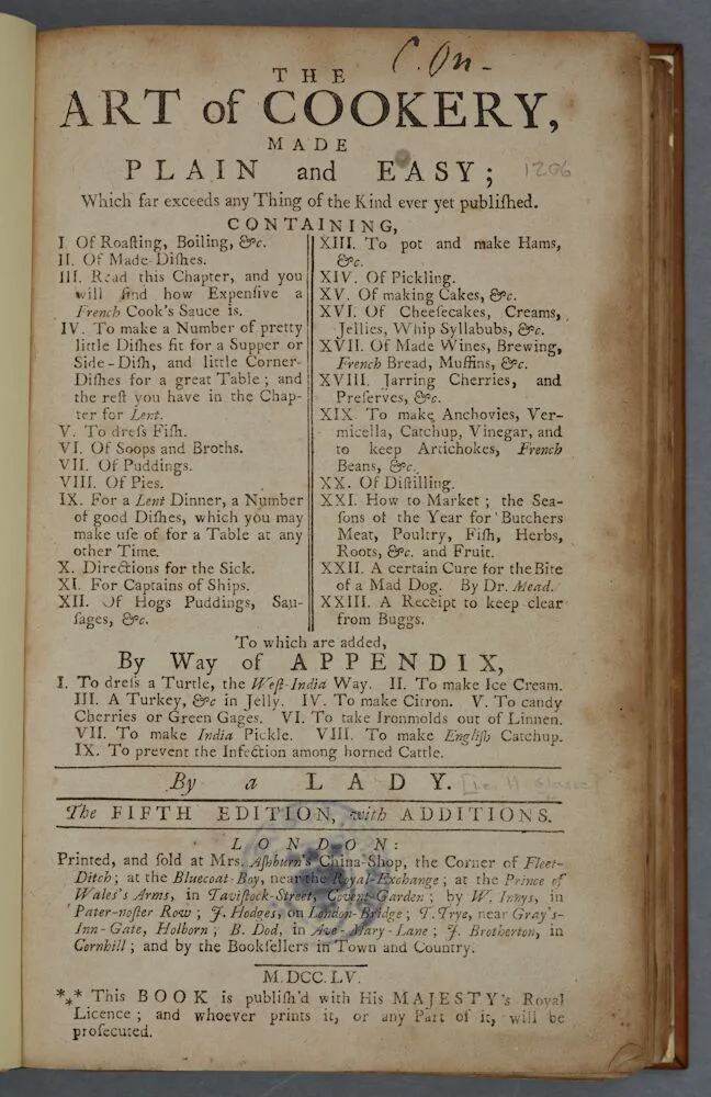 Hannah Glasse'ın yemek kitabının 1755 tarihli beşinci baskısının başlık sayfası