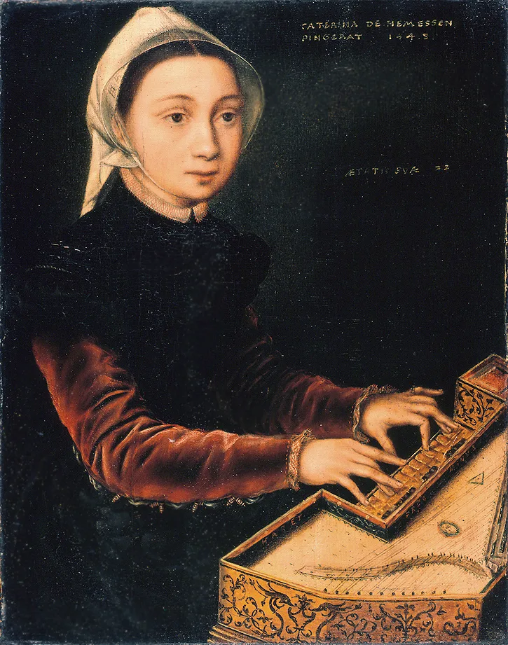 Catharina van Hemessen'in 1548'de resmettiği virginal çalan genç kadın; kız kardeşi Christina olduğu düşünülüyor (Wallraf-Richartz Müzesi, Köln)
