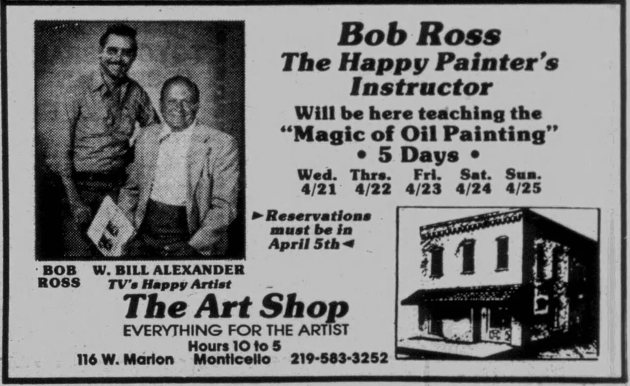 1982'de Indiana'da yayımlanan kurs ilanı: Bob Ross, Bill Alexander'ın yönteminin eğitmeni olarak tanıtılıyor