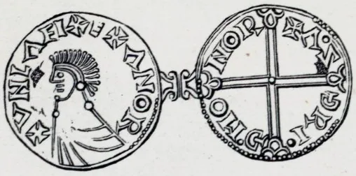 Olaf Haraldsson adına basılmış başka bir sikke tipinin 1885 tarihli çizimi