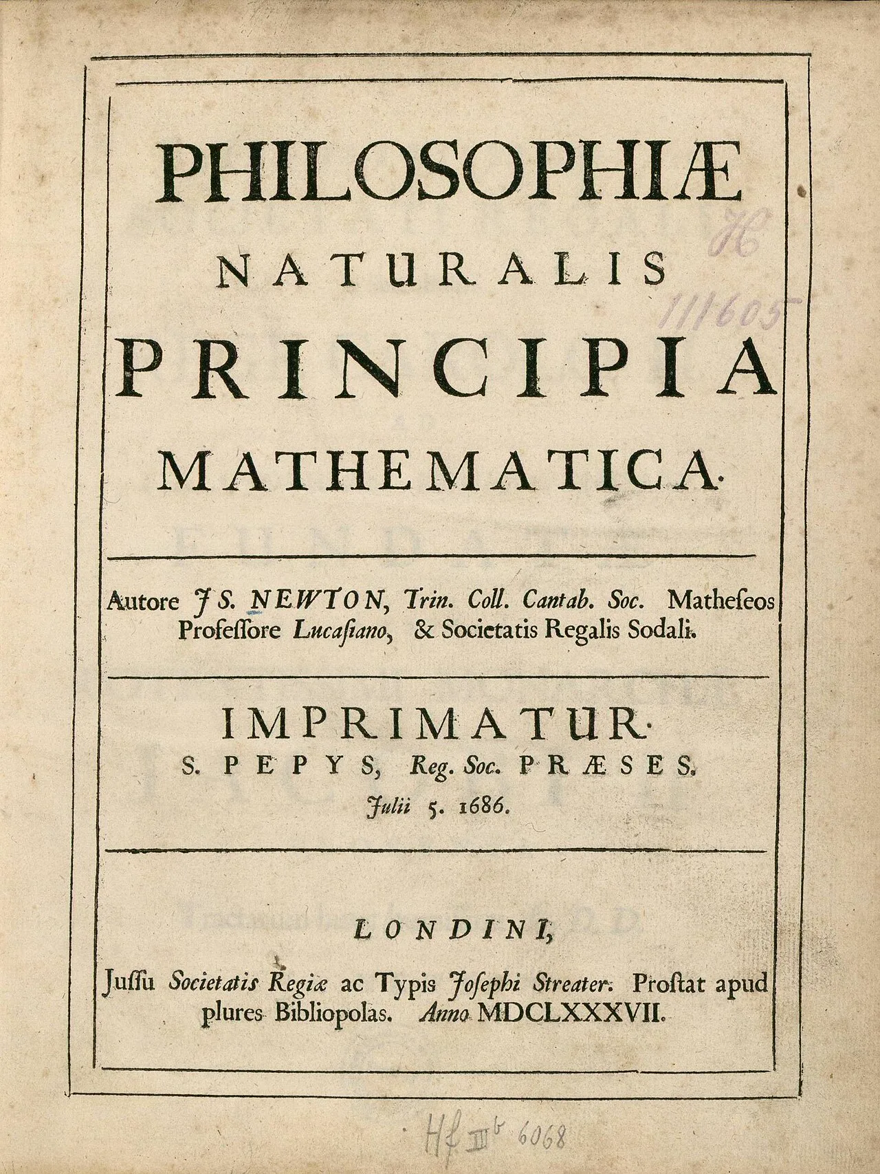 Principia'nın 1687 tarihli ilk baskısının kapak sayfası