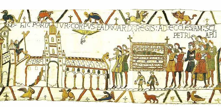 Bayeux Duvar Halısı'nda İtirafçı Edward'ın naaşı Westminster'daki Aziz Petrus kilisesine taşınıyor