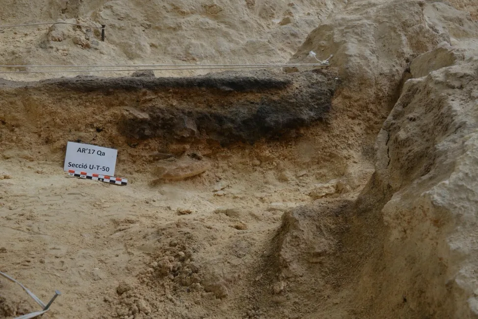 Abric Romaní'nin Qa düzeyinde açılan bir ocak kesiti: koyu katmanlar aynı yerde üst üste yakılmış ateşlerin izi