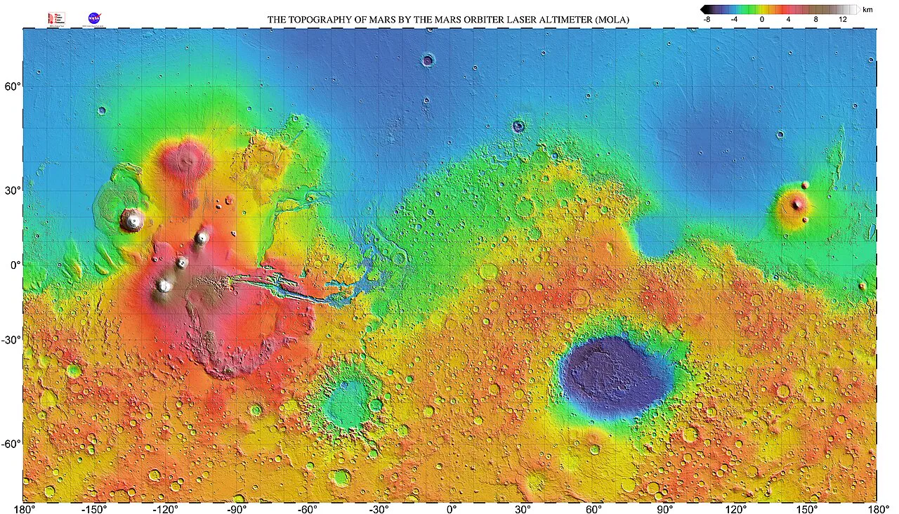 MOLA lazer yükseklikölçeri verisiyle çıkarılan Mars yükseklik haritası; en açık renkli bölge Tharsis ve Olympus Mons
