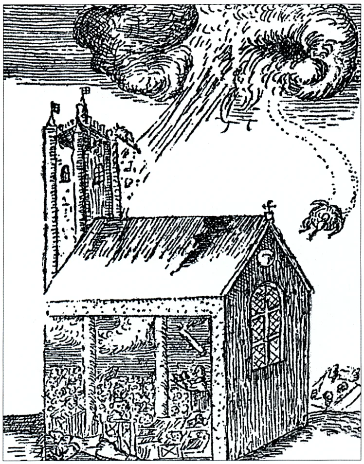 1638 Widecombe fırtınasını anlatan dönemin ahşap baskısı