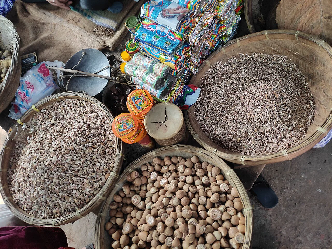 Bütün ve dilimlenmiş areca çekirdeği, yanında betel yaprağı ve kireç