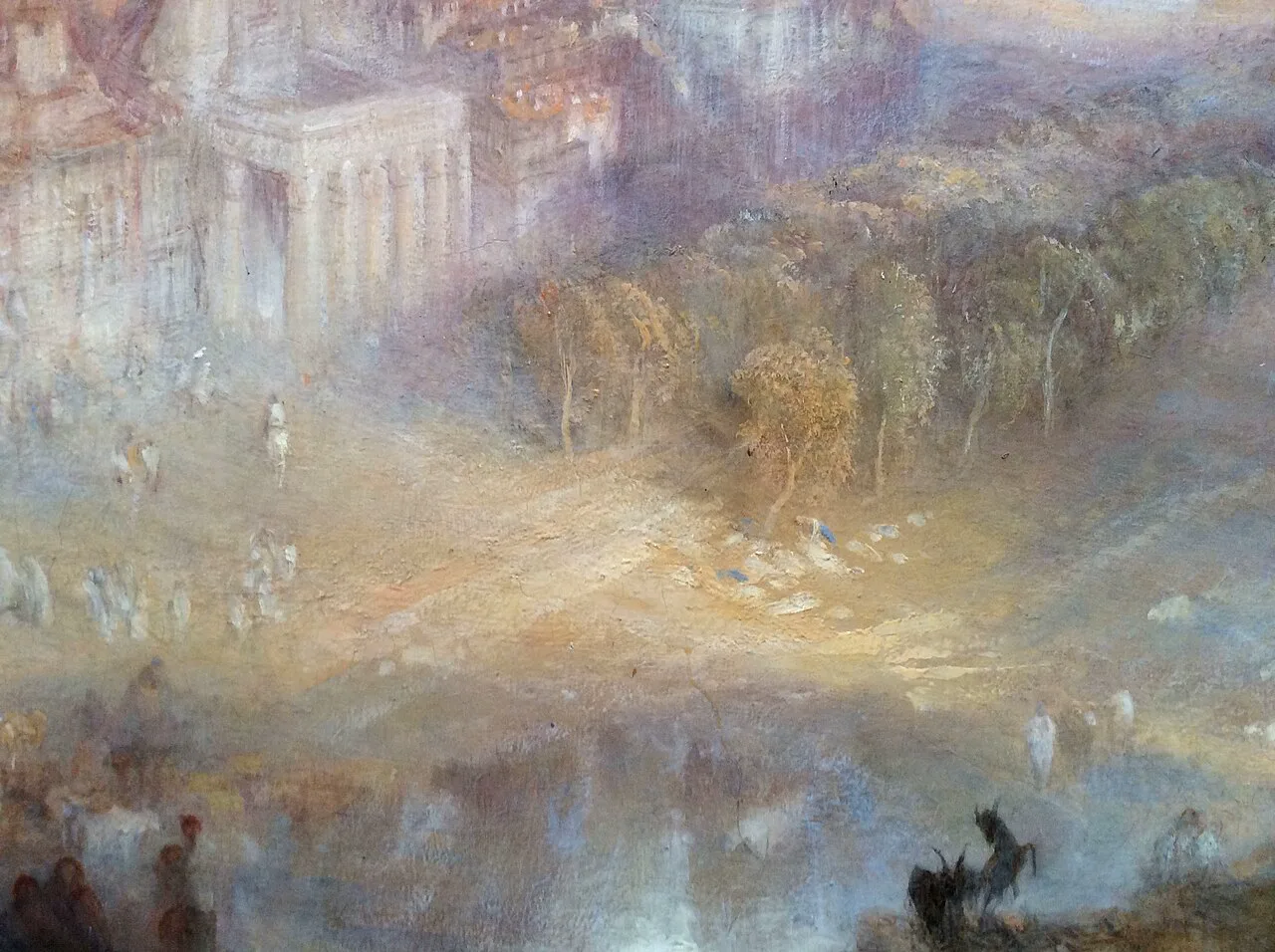 Turner'ın Modern Rome - Campo Vaccino tablosundan yakın plan: boyanın kalın hamuru ve kazınmış yüzey görülüyor
