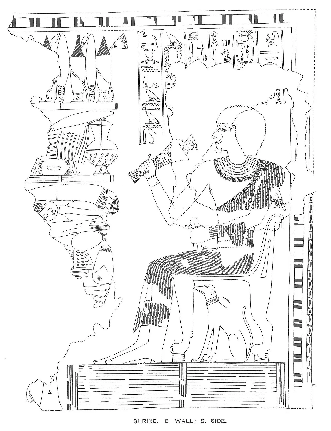 Norman de Garis Davies'in 1913'te yayımladığı çizimde TT 21'in iç odasında oturan User ve koltuğunun altındaki tasmalı köpek