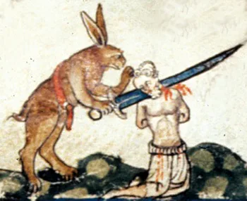 Smithfield Decretals'ın kenar resimlerinden: tavşanlar yakaladıkları avcının başını kesiyor